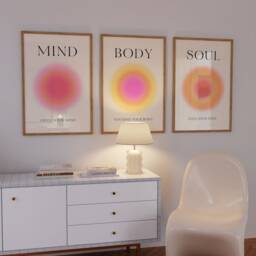 Set Of 3 Spiritual Wisdom Art Prints, Wall Print Set, Trendy Gradient Aura Poster, Gift, Mind Body Soul Posters, Pink Posters - thumbnail 3