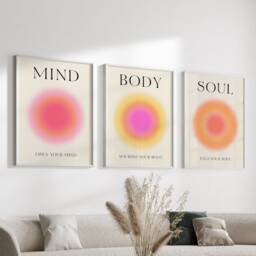 Set Of 3 Spiritual Wisdom Art Prints, Wall Print Set, Trendy Gradient Aura Poster, Gift, Mind Body Soul Posters, Pink Posters - thumbnail 2
