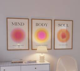 Set Of 3 Spiritual Wisdom Art Prints, Wall Print Set, Trendy Gradient Aura Poster, Gift, Mind Body Soul Posters, Pink Posters - thumbnail 1