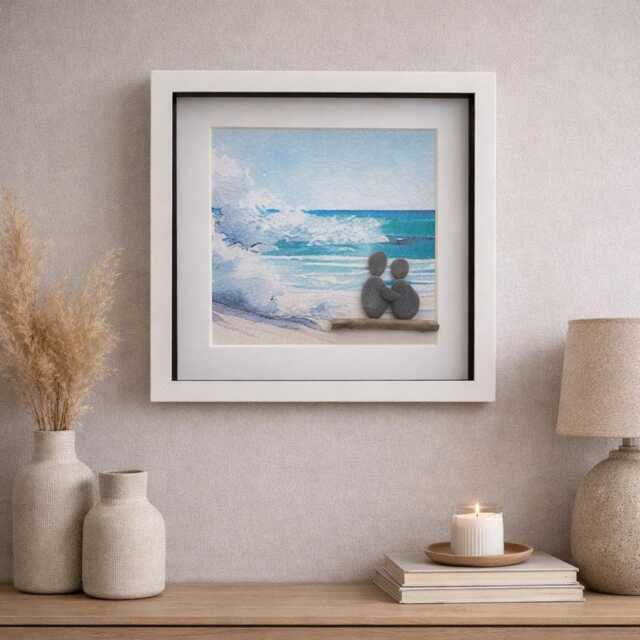 Pebble Art Couple On Stormy Beach, Beach, Framed Seaside Scene, Pebble Art Gift, Beach Couple - image 1