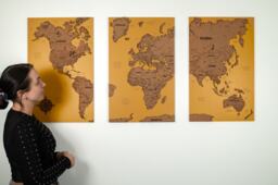 World Map Cork Push Pin Travel Board Wall Art Map, Oak Wood Or Wooden Decor, 3 Panel Feature, Gift Anniversary