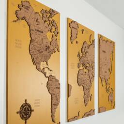 World Map Cork Push Pin Travel Board Wall Art Map, Oak Wood Or Wooden Decor, 3 Panel Feature, Gift Anniversary - thumbnail 2
