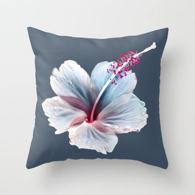 Vintage Tropical Throw Pillow Hawaii Hibiscus Flower, Blues, Gray, Pinks, Soft 18 X 18 - image 1