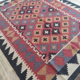 Handmade Wool Jute Kilim Rug, Floral Dhurrie Design - thumbnail 3