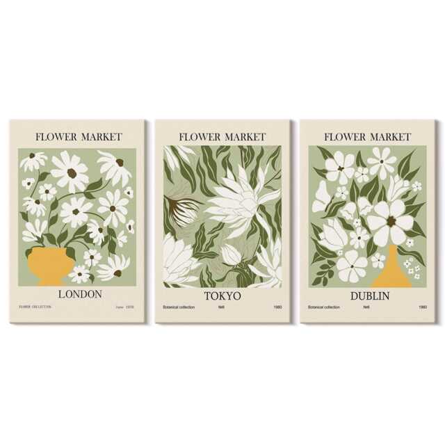 Set Of 3 Canvas Prints - Floral Poster Designs London Tokyo Dublin, Green Wall Art, Plants & Flowers Hanging Piece - image 1