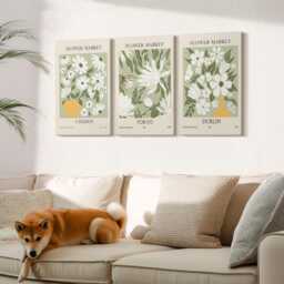 Set Of 3 Canvas Prints - Floral Poster Designs London Tokyo Dublin, Green Wall Art, Plants & Flowers Hanging Piece - thumbnail 3