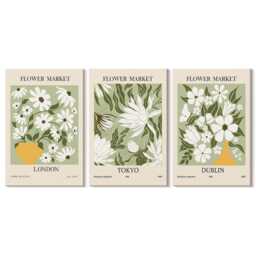 Set Of 3 Canvas Prints - Floral Poster Designs London Tokyo Dublin, Green Wall Art, Plants & Flowers Hanging Piece - thumbnail 1