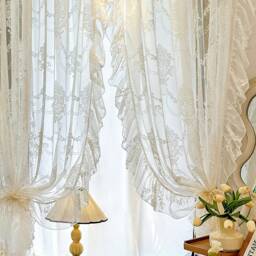 Embroidered Sheer Curtain Romantic Ruffled Lace Light Filtering Drape For Living Room