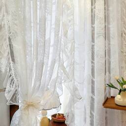 Embroidered Sheer Curtain Romantic Ruffled Lace Light Filtering Drape For Living Room - thumbnail 3