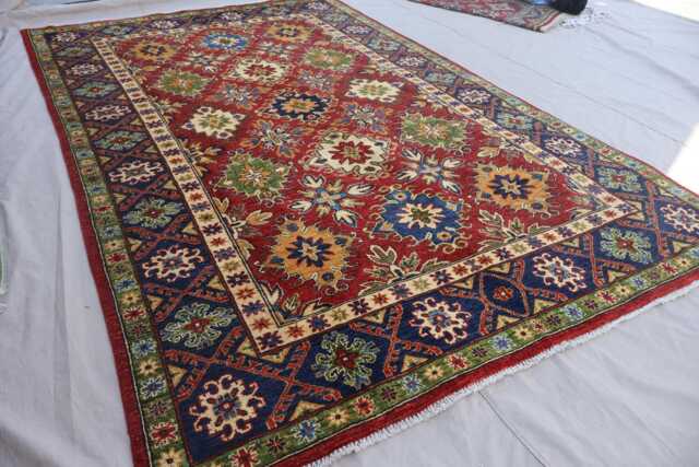 6x10 Ft Red Afghan Rug, Navy Blue Green Beige Hand Knotted Oriental Wool Geometric Kazak Bedroom Dining Table Carpet - image 1
