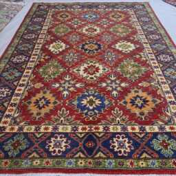 6x10 Ft Red Afghan Rug, Navy Blue Green Beige Hand Knotted Oriental Wool Geometric Kazak Bedroom Dining Table Carpet - thumbnail 2