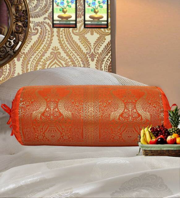 Indian Brocade Bolster Cover Elephant Jacquard Silk Pillow - image 1