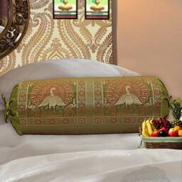 Indian Brocade Bolster Cover Elephant Jacquard Silk Pillow - thumbnail 2
