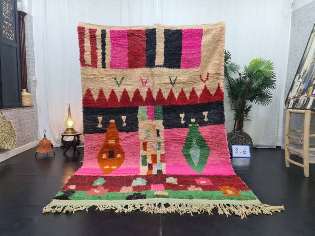 Gorgeous Boujad Rug, Vintage Moroccan Rug 5x8, Berber Rug, Abstract Pink & Green Handwoven Wool Winter Area - image 1