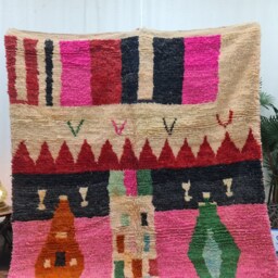 Gorgeous Boujad Rug, Vintage Moroccan Rug 5x8, Berber Rug, Abstract Pink & Green Handwoven Wool Winter Area - thumbnail 2