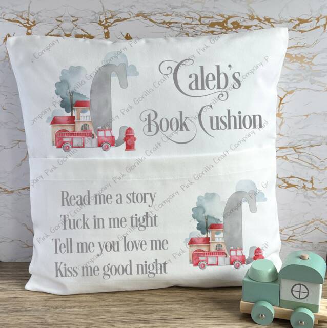 Personalised Cushion, Pocket Child Pillow, Book Holder, Pillow For Child, Sleep Aid, Fire Truck Engine, Boys Gift - image 1