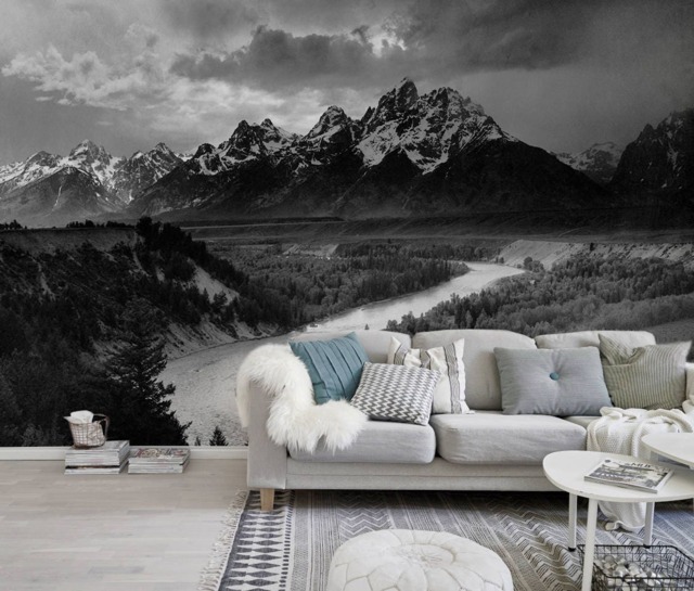 Dark Mountains Landscape Wall Covering, Removable Wallpaper, Decor, Black & White, Peel Stick, Repositionable, Decal #86 - image 1