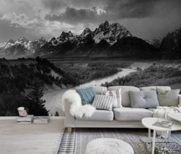Dark Mountains Landscape Wall Covering, Removable Wallpaper, Decor, Black & White, Peel Stick, Repositionable, Decal #86 - thumbnail 1