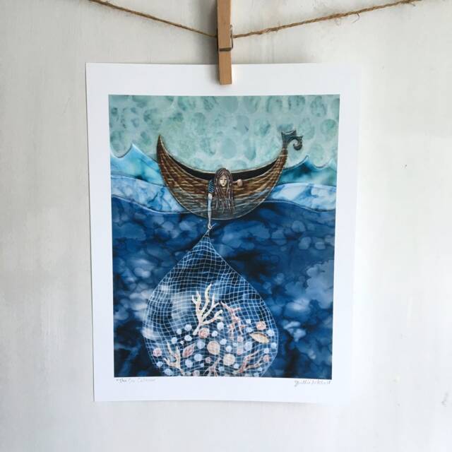 Beach Print, Beach House Decor, Sea Collector, Net Full Of Seashells, Girl in A Boat, Gifts For Her, Shellieartist, Archival Wall Art - image 1