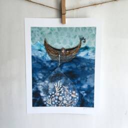 Beach Print, Beach House Decor, Sea Collector, Net Full Of Seashells, Girl in A Boat, Gifts For Her, Shellieartist, Archival Wall Art - thumbnail 1