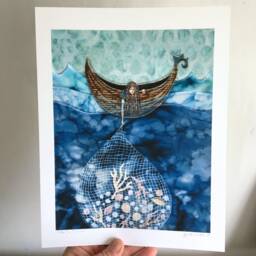 Beach Print, Beach House Decor, Sea Collector, Net Full Of Seashells, Girl in A Boat, Gifts For Her, Shellieartist, Archival Wall Art - thumbnail 2