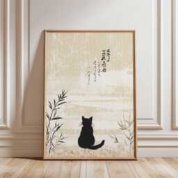 Japanese Cat Art Print, Minimalist Wall With Cherry Blossoms, Zen Poster, Cute Black Illustration Home Decor - thumbnail 2