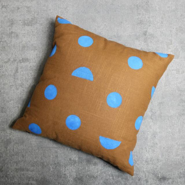 Camel Linen Pillow Cover With Electric Blue Print // Brown Taupe Dots Decorative Throw Cushion Block Printed Flax Royal Various Custom - image 1