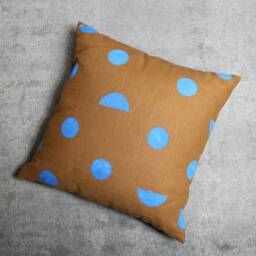 Camel Linen Pillow Cover With Electric Blue Print // Brown Taupe Dots Decorative Throw Cushion Block Printed Flax Royal Various Custom - thumbnail 1