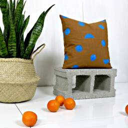 Camel Linen Pillow Cover With Electric Blue Print // Brown Taupe Dots Decorative Throw Cushion Block Printed Flax Royal Various Custom - thumbnail 2
