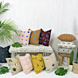 Camel Linen Pillow Cover With Electric Blue Print // Brown Taupe Dots Decorative Throw Cushion Block Printed Flax Royal Various Custom - thumbnail 3