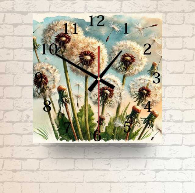 Dandelions Square Tempered Glass Wall Clock Nature Home Decor - image 1