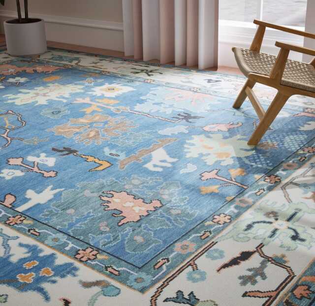 Blue Oushak Wool Rug, Hand Woven Fine Woolarea Rug 3059 - image 1