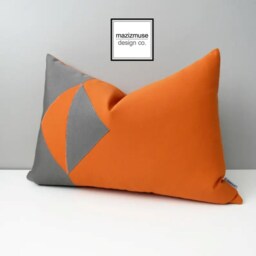 Geometric Grey & Orange Outdoor Sunbrella?? Pillow Cover in Modern Color Block, Gray Tuscan Throw Cushions For Pool/Patio, Mazizmuse - thumbnail 4