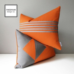 Geometric Grey & Orange Outdoor Sunbrella?? Pillow Cover in Modern Color Block, Gray Tuscan Throw Cushions For Pool/Patio, Mazizmuse - thumbnail 3