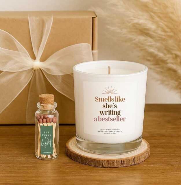 Personalised Author Gift Set Natural Soy Wax Candle, Essential Oils With Bottle Of Matches - image 1