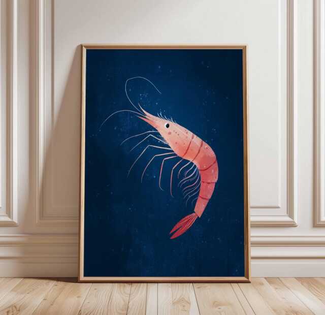 Shrimp Poster, Cute Seafood Wall Art, Pink Prawn Illustration On Navy Blue, Ocean Kitchen Decor, Nautical Animal Print, Sea Creature Art - image 1