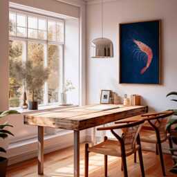 Shrimp Poster, Cute Seafood Wall Art, Pink Prawn Illustration On Navy Blue, Ocean Kitchen Decor, Nautical Animal Print, Sea Creature Art - thumbnail 2