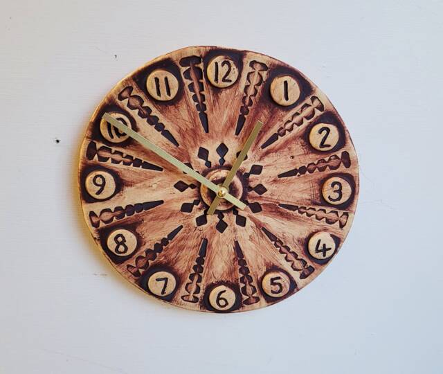 Hand Made Circular Round Brown & Natural Ceramic Wall Clock Quartz 25 cm Diameter With Numbers - image 1