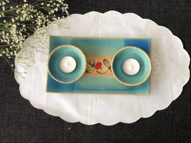 Handmade Turquoise Shabbat Candle Holder Set Pomegranate Tray, Made in Israel - image 1