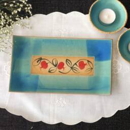 Handmade Turquoise Shabbat Candle Holder Set Pomegranate Tray, Made in Israel - thumbnail 2