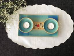 Handmade Turquoise Shabbat Candle Holder Set Pomegranate Tray, Made in Israel