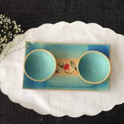 Handmade Turquoise Shabbat Candle Holder Set Pomegranate Tray, Made in Israel - thumbnail 3