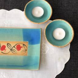 Handmade Turquoise Shabbat Candle Holder Set Pomegranate Tray, Made in Israel - thumbnail 4