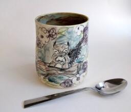 White Floral Woodland Buddy Squirrel Cup, Moss Green Brown Handmade Ceramic Kitchen Storage, Pottery Vase, Rustic Home Decor, Office Storage