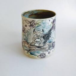 White Floral Woodland Buddy Squirrel Cup, Moss Green Brown Handmade Ceramic Kitchen Storage, Pottery Vase, Rustic Home Decor, Office Storage - thumbnail 2