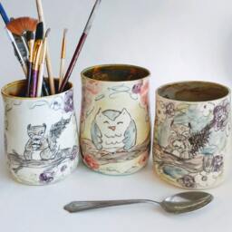 White Floral Woodland Buddy Squirrel Cup, Moss Green Brown Handmade Ceramic Kitchen Storage, Pottery Vase, Rustic Home Decor, Office Storage - thumbnail 4