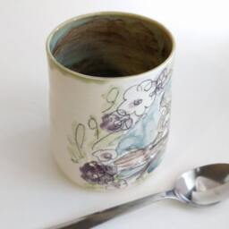 White Floral Woodland Buddy Squirrel Cup, Moss Green Brown Handmade Ceramic Kitchen Storage, Pottery Vase, Rustic Home Decor, Office Storage - thumbnail 3