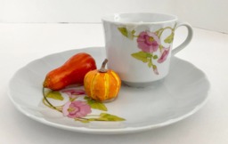Lavender Scented Natural Soy Candle in A Porcelain Teacup & Snack Tray With Purple Flowers Pumpkin