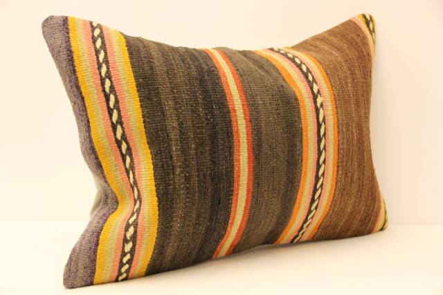 Kilim Lumbar Pillowcover, 16x24 Turkish Textile Cushion Hand Made Decorative Home Design Throw Pillow Case Sofa Boho Pillow, 4Kaf-44 - image 1