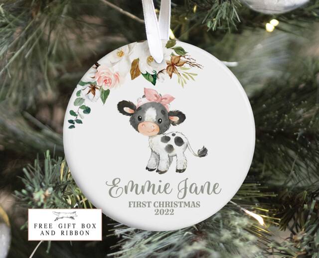 Farm Baby First Christmas Ornament, Personalized Cow Christmas, Holiday Ornament - image 1